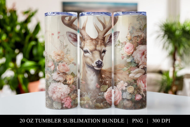 20 oz Floral Deer Skinny Tumbler Sublimation Design PNG - So Fontsy