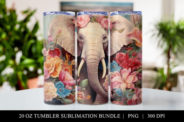 20 oz Floral Elephant Skinny Tumbler Sublimation Design PNG Sublimation BijouBay 