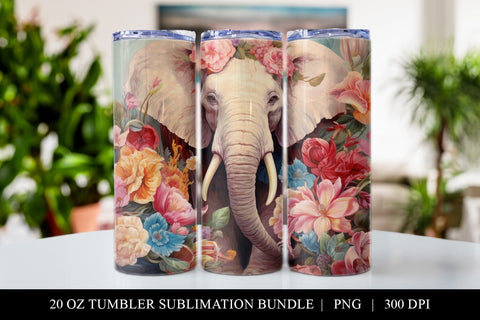 20 oz Floral Elephant Skinny Tumbler Sublimation Design PNG Sublimation BijouBay 