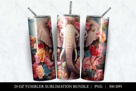 20 oz Floral Elephant Skinny Tumbler Sublimation Design PNG Sublimation BijouBay 