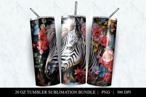 20 oz Floral Zebra Skinny Tumbler Sublimation Design PNG Sublimation BijouBay 