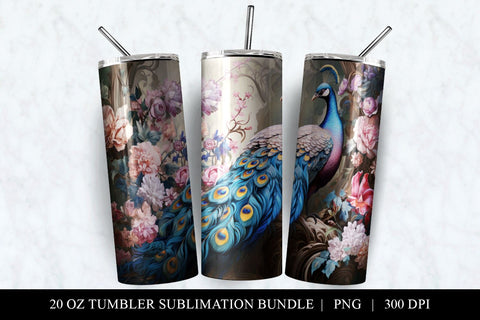 20 oz Peacock Skinny Tumbler Sublimation Design PNG Sublimation BijouBay 