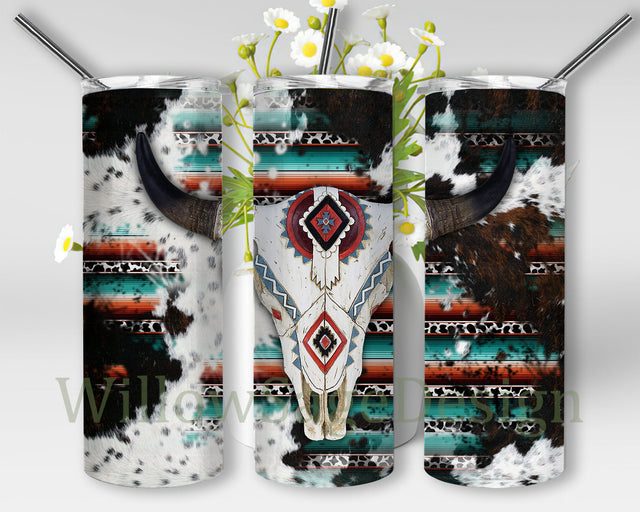 20 oz Skinny Tumbler Bull Skull, Aztec Cowhide Tumbler Wrap, Western Aztec Tumbler Png, Western Sublimation Design, Digital Download Sublimation WillowSageDesign 