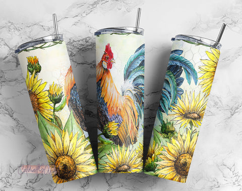 20 oz Skinny Tumbler Chicken Wire Rooster with Sunflowers Sublimation Design Digital Download PNG Sublimation CaldwellArt 