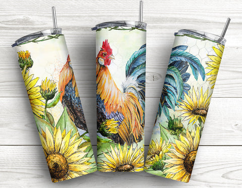 20 oz Skinny Tumbler Chicken Wire Rooster with Sunflowers Sublimation Design Digital Download PNG Sublimation CaldwellArt 