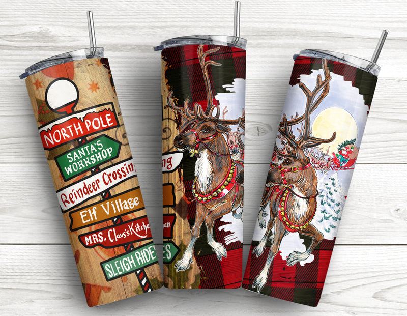 20 oz Skinny Tumbler Design Sublimation Santa Claus and Reindeer Plaid ...
