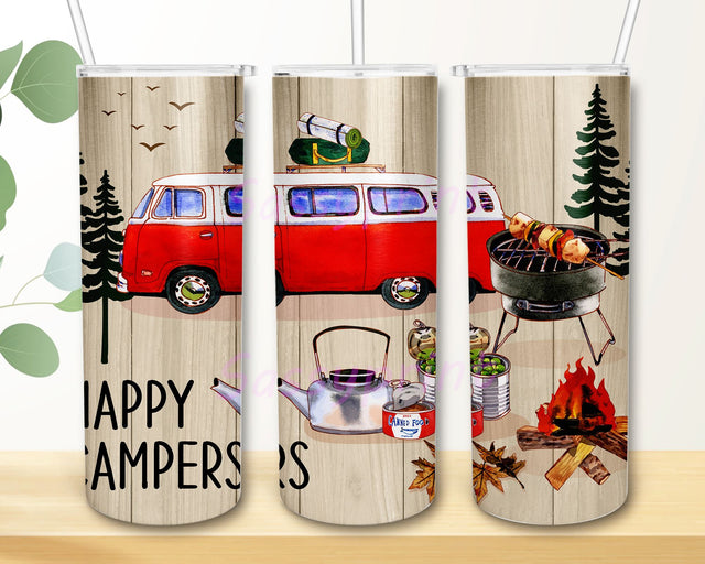 20 oz Skinny Tumbler Faux Wood Happy Campers Vintage Retro for Sublimation Tumbler Digital Design PNG Sublimation sassyprint 