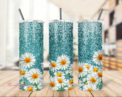 20 oz Skinny Tumbler Floral Teal Glitter Daisies Sublimation Design Digital Download PNG Instant DIGITAL Sublimation TrendingDesign 