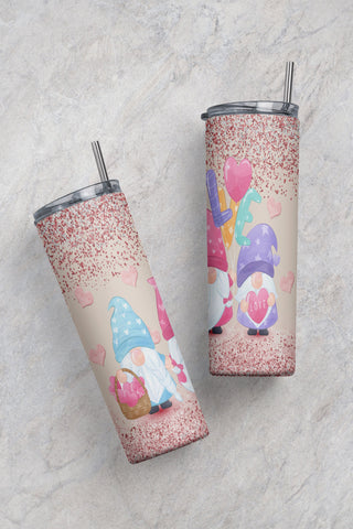 20 oz Skinny Tumbler Gnomes Love Wrap Sublimation, Wood Valentines Tumbler, Pink Glitter Valentines Sublimation Tumbler Sublimation CaldwellArt 