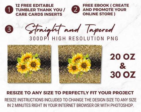 20 oz Skinny Tumbler Gold Glitter Sunflower Sublimation Tumbler Design Digital Download PNG Sublimation TumblersByPhill 