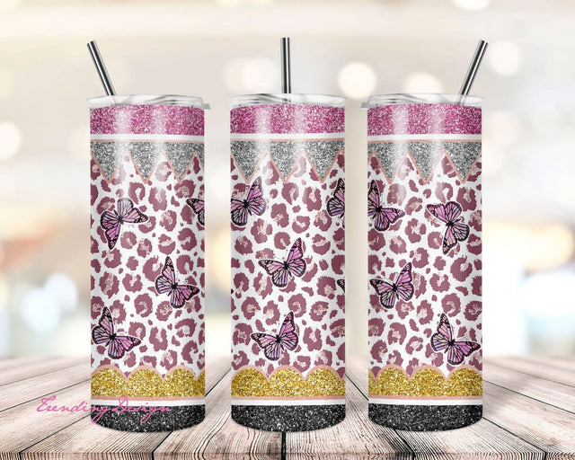20 oz Skinny Tumbler Leopard Glitter Teacher Tumbler, Butterflies Teacher Sublimation Design, Pencil Crayon Tumbler PNG Instant Download Sublimation TrendingDesign 
