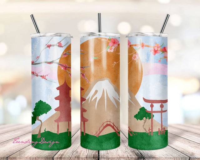 20 oz Skinny Tumbler, Pink Moonlit Night, Lanterns, Mountain Scene, PNG Sublimation Design, Instant Digital Download, Mockup Included Sublimation TrendingDesign 