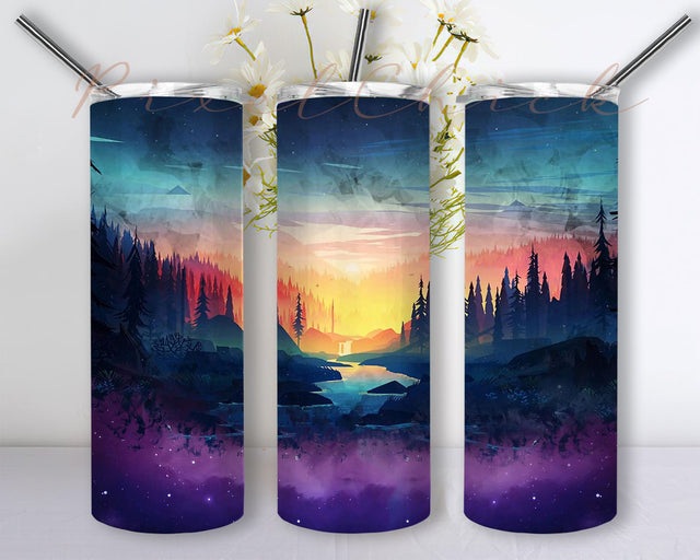 20 oz Skinny Tumbler PNG Mountain Sunset Scene Sublimation Design, Outdoor Nature Tumbler Wrap Sublimation PixelChick 