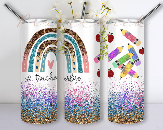 20 oz Skinny Tumbler Rainbow Leopard Glitter Teacher Tumbler Pencil Monogram Teacher Life Sublimation Design PNG Sublimation PixelChick 