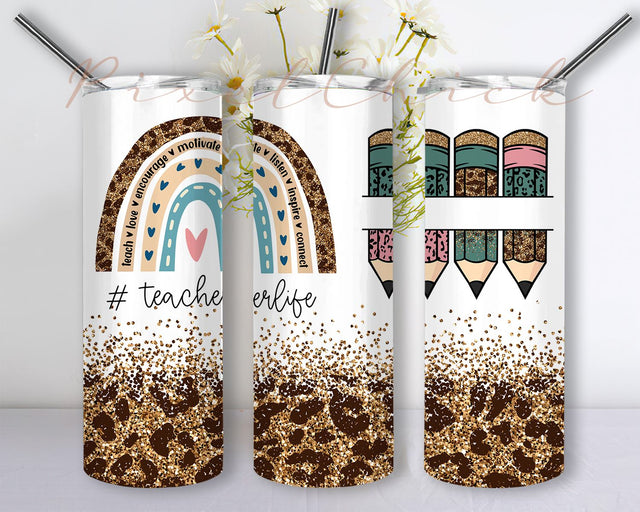 20 oz Skinny Tumbler Rainbow Leopard Glitter Teacher Tumbler Pencil Monogram Teacher Life Sublimation Design PNG Sublimation PixelChick 