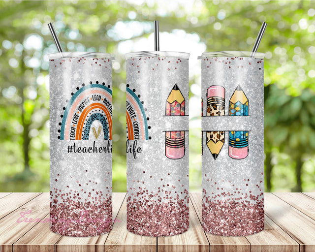 20 oz Skinny Tumbler Rainbow Pink Glitter Teacher Tumbler Full Pencils Teacher Life Sublimation Design PNG Instant DIGITAL ONLY Sublimation TrendingDesign 