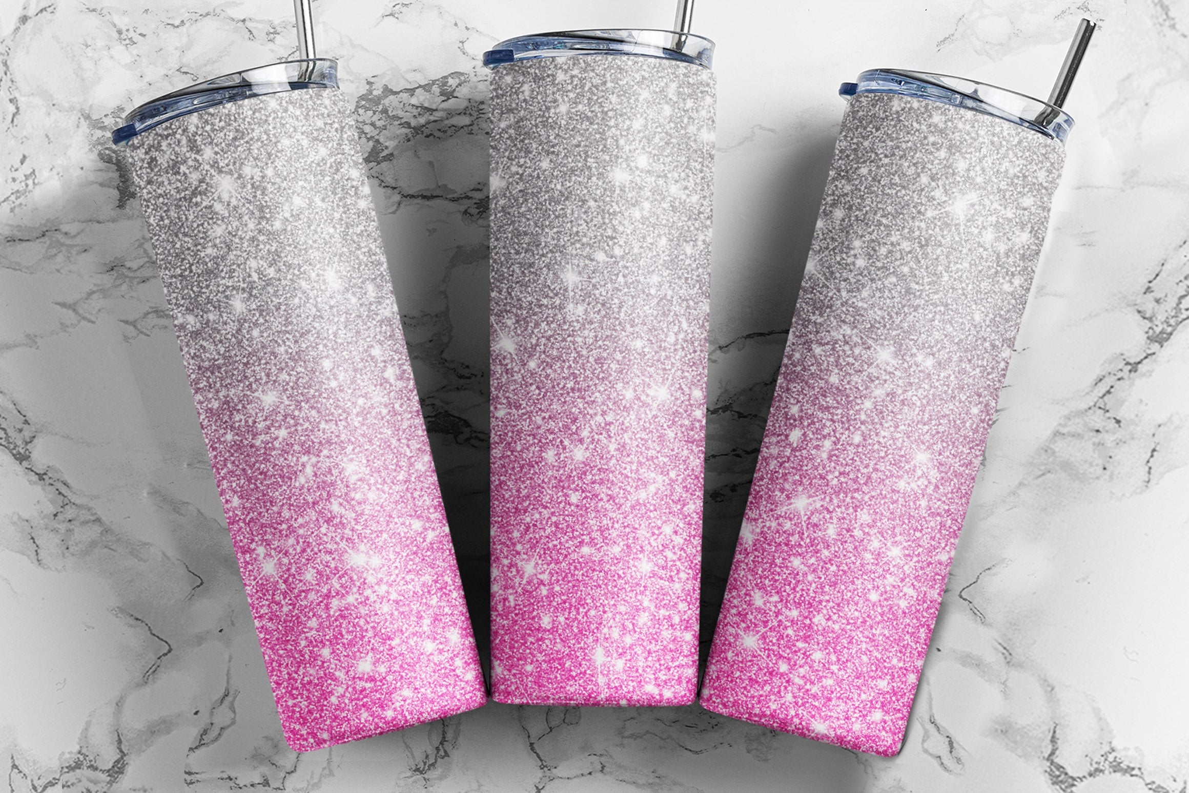 20 oz Skinny Tumbler Silver Pink Glitter Sublimation Design - Full
