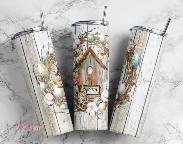 20 oz Skinny Tumbler Spring Bird House Wreath Sublimation Design Digital Download PNG Instant DIGITAL ONLY rts tumblers Tamara Sublimation CaldwellArt 