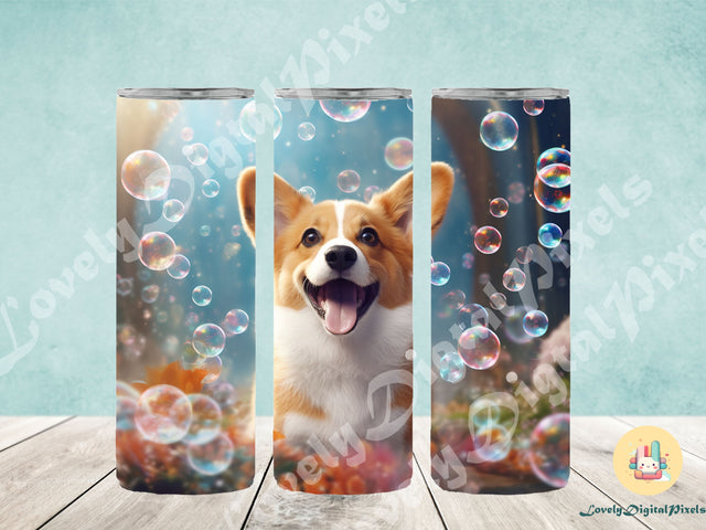 20 oz Skinny Tumbler Sublimation, 3D corgi dog in bubbles - PNG Sublimation LovelyDigitalPixels 