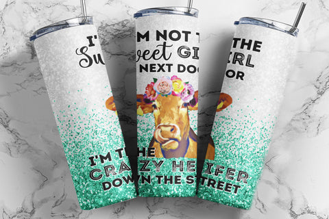 20 oz Skinny Tumbler Sublimation Crazy Cow Neighbor Down Street, Glitter Cow Tumbler Design Straight & Tapered - PNG Sublimation TumblersByPhill 