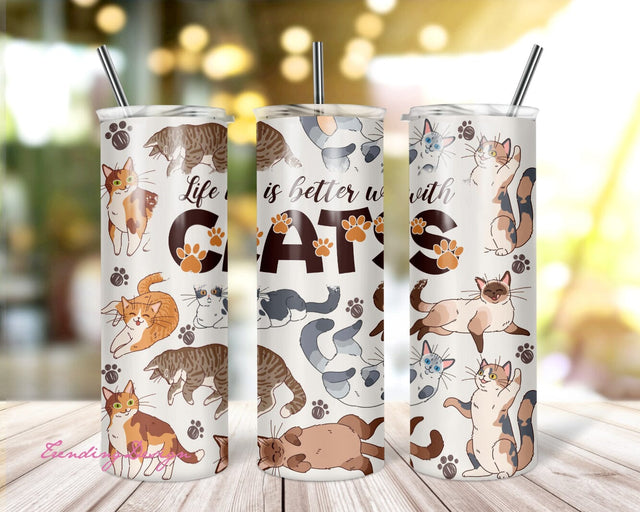 20 oz skinny tumbler sublimation design Cat lover Life is better with cats PNG design, 20 oz tumbler template and Epoxy pen wrap design Sublimation TrendingDesign 