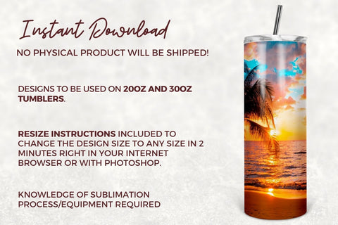 20 oz Skinny Tumbler Sublimation Design Template Beach Sunset Tumbler Design Straight & Tapered Digital Download PNG Sublimation TumblersByPhill 