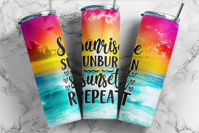 20 oz Skinny Tumbler Sublimation Design Template Beach Sunset Tumbler Design Sunrise Sunburn Sunset Repeat, Straight & Tapered PNG Download Sublimation TumblersByPhill 