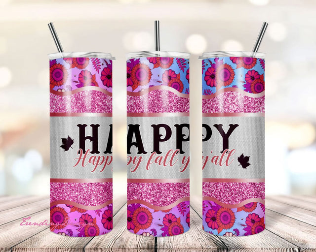 20 oz Skinny Tumbler Sublimation Design Template Download PNG DIGITAL Happy Fall Y'all Pink pumpkin pink glitter stripes wrap 20oz Sublimation TrendingDesign 