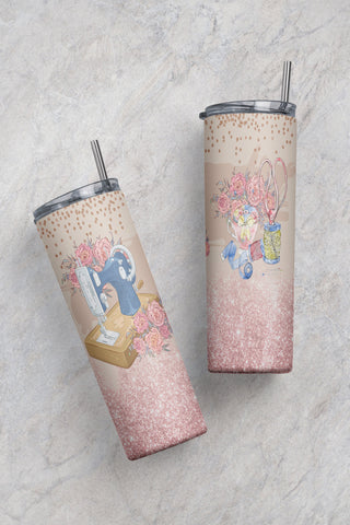 20 oz Skinny Tumbler Sublimation Design Template Download PNG DIGITAL Pink floral sewing machine seamless 20oz wrap glitter Sublimation CaldwellArt 