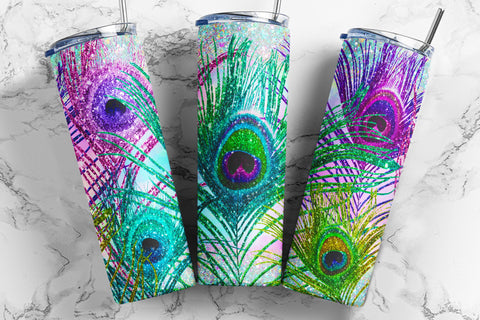 20 oz Skinny Tumbler Sublimation Design Template Glitter Feather Peacock Tumbler for Straight/Tapered 20oz & 30oz Tumbler Design - PNG Sublimation TumblersByPhill 