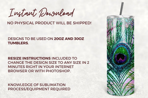 20 oz Skinny Tumbler Sublimation Design Template Glitter Feather Peacock Tumbler for Straight/Tapered 20oz & 30oz Tumbler Design - PNG Sublimation TumblersByPhill 