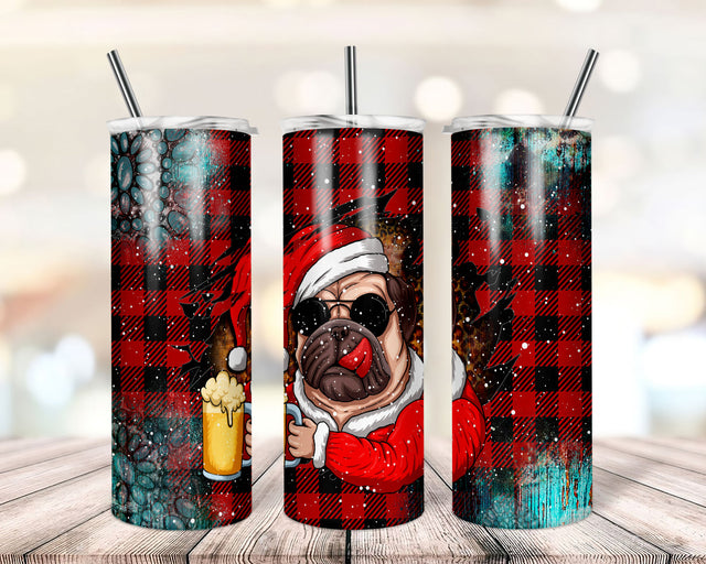 20 oz Skinny Tumbler Sublimation Design Template Pug Santa Clause Drinking Beer Tumbler Straight Wrap Digital Sublimation TrendingDesign 