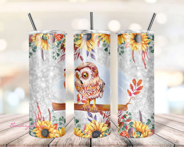 20 oz Skinny Tumbler Sublimation Design Template Sunflower white and glitter background Owls Pretty Owl Straight Digital Download PNG Sublimation TrendingDesign 