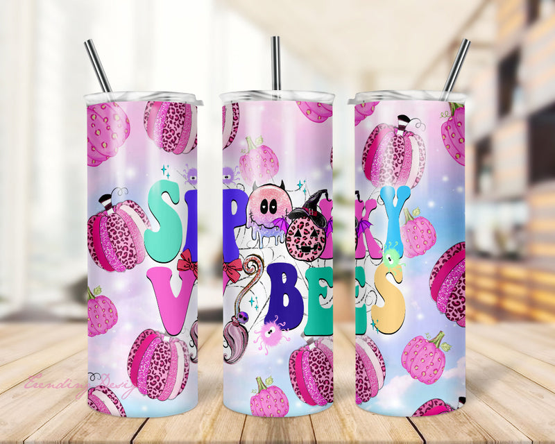 20 oz Skinny Tumbler Sublimation Designs Halloween Messy Bun Mom Life Tumbler Spooky Vibes Tumbler PNG Sublimation TrendingDesign 