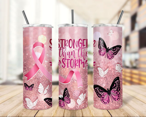 20 oz Skinny Tumbler Sublimation Stronger than the Storm Leukemia Awareness Ribbon Butterfly Cancer Orange Straight Design Digital Download Sublimation TrendingDesign 
