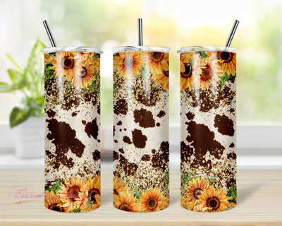 20 oz skinny tumbler sunflower cowhide glitter design Western floral cow print tumbler PNG Sublimation TrendingDesign 