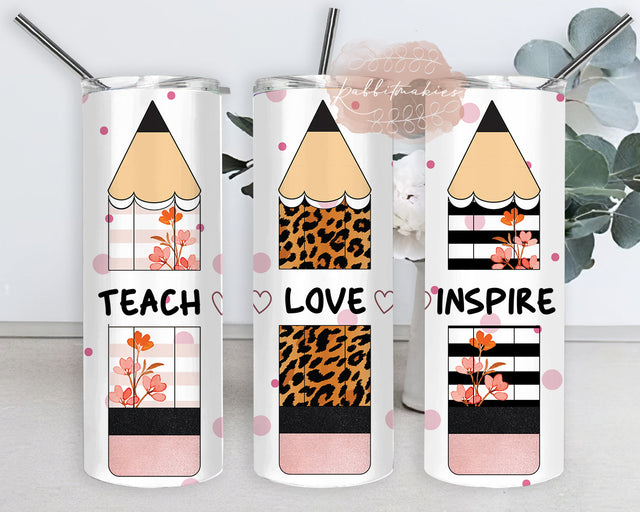 20 Oz Skinny Tumbler Teacher, Teacher Pencil Leopard Tumbler Wrap, Teach Love Inspire Pencils Floral Tumbler Png, Teacher Tumbler Template, Digital Download Sublimation Rabbitmakies 