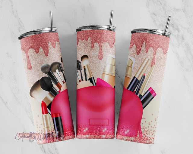 20 Oz Skinny Tumbler Template | Makeup Artist | Glitter Glam | Pink and Gold Makeup Bag | Cosmetologist Sublimation CaldwellArt 