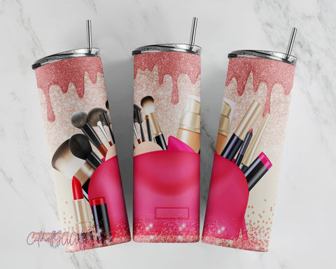 20 Oz Skinny Tumbler Template | Makeup Artist | Glitter Glam | Pink and Gold Makeup Bag | Cosmetologist Sublimation CaldwellArt 