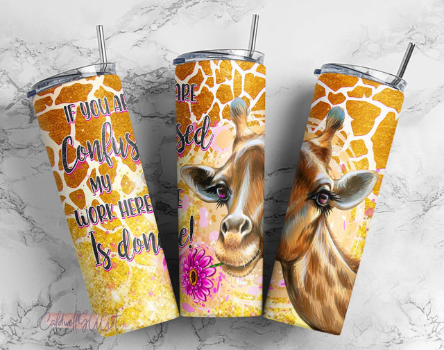 20 oz Skinny Tumbler Template Ombre Glitter Giraffe Confused my Work is Done PNG tumbler Sublimation CaldwellArt 