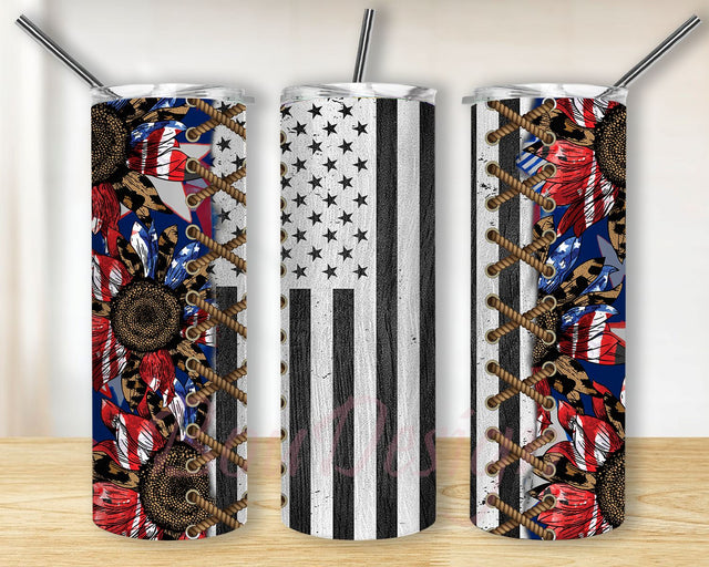 20 oz Skinny Tumbler Wood Sublimate Tie Dye American Flag Sunflower Vintage Design Tumbler Sublimation BouDesign 