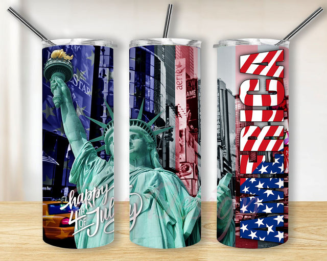 20 oz Skinny Tumbler Wrap Sublimation Design America Happy 4th July Template Ombre Straight and Warped Design PNG Digital Download Sublimation BouDesign 