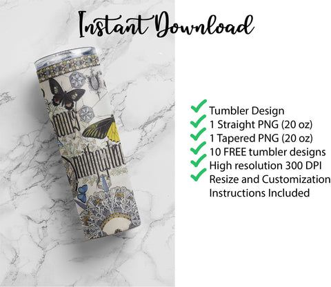 20 oz sublimation/waterslide skinny and taper tumbler wrap-Art nouveau blue toile w butterfly Sublimation Sharia Morton Designs 