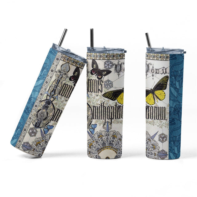 20 oz sublimation/waterslide skinny and taper tumbler wrap-Art nouveau blue toile w butterfly Sublimation Sharia Morton Designs 
