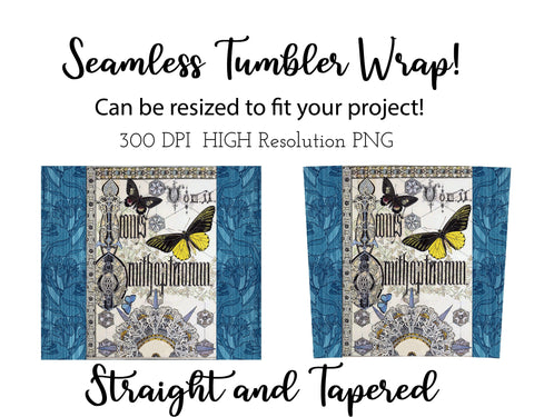 20 oz sublimation/waterslide skinny and taper tumbler wrap-Art nouveau blue toile w butterfly Sublimation Sharia Morton Designs 