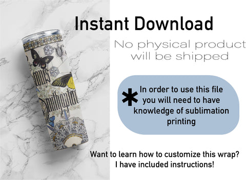 20 oz sublimation/waterslide skinny and taper tumbler wrap-Art nouveau blue toile w butterfly Sublimation Sharia Morton Designs 