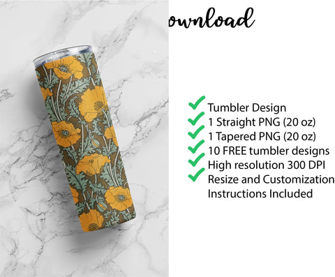 20 oz sublimation/waterslide skinny and taper tumbler wrap-Art nouveau yellow floral Sublimation Sharia Morton Designs 