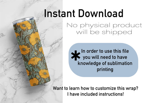 20 oz sublimation/waterslide skinny and taper tumbler wrap-Art nouveau yellow floral Sublimation Sharia Morton Designs 