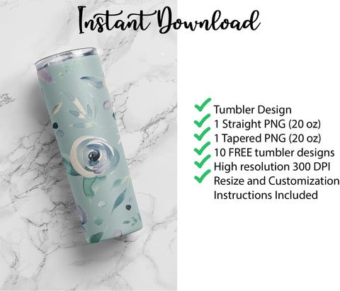 20 oz sublimation/waterslide skinny and taper tumbler wrap-Blue watercolor roses Sublimation Sharia Morton Designs 