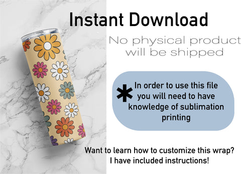 20 oz sublimation/waterslide skinny and taper tumbler wrap-floral daisy retro yellow Sublimation Sharia Morton Designs 